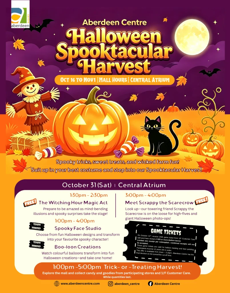 Bring all the family along for Aberdeen Centre’s Halloween happening. 