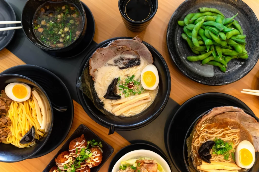 An assortment of dishes and noodles from Ramen Taka, located in Aberdeen Centre.