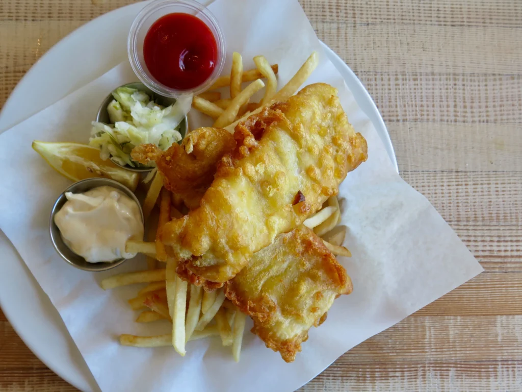 Lingcod fish and chips pairs perfectly with house-made beers at Britannia Brewing.