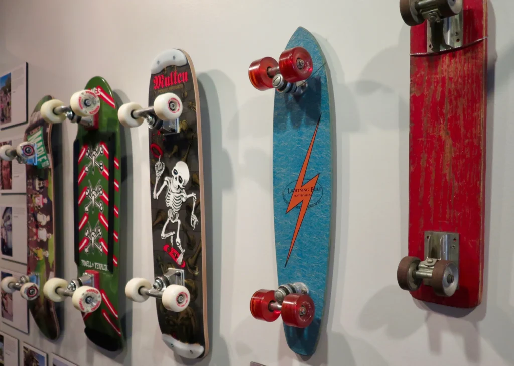 Skateboards of all shapes and sizes on display at the Richmond Museum.