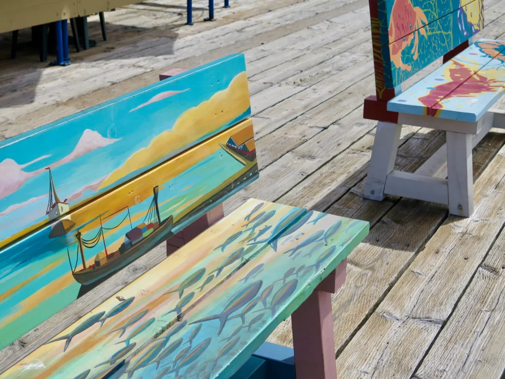 Some colourful artwork seats at Steveston Fisherman’s Wharf