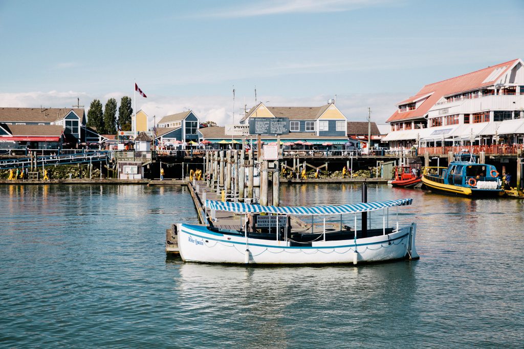 Boats docked at Steveston Village harbour.