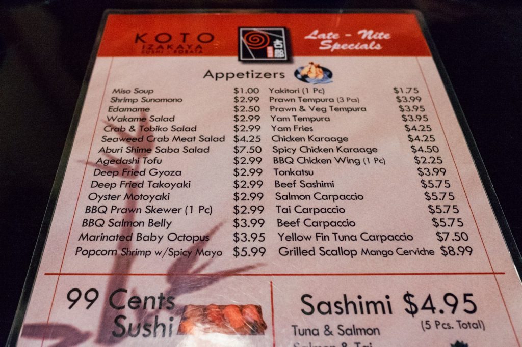 Koto Izakaya Late Night Menu